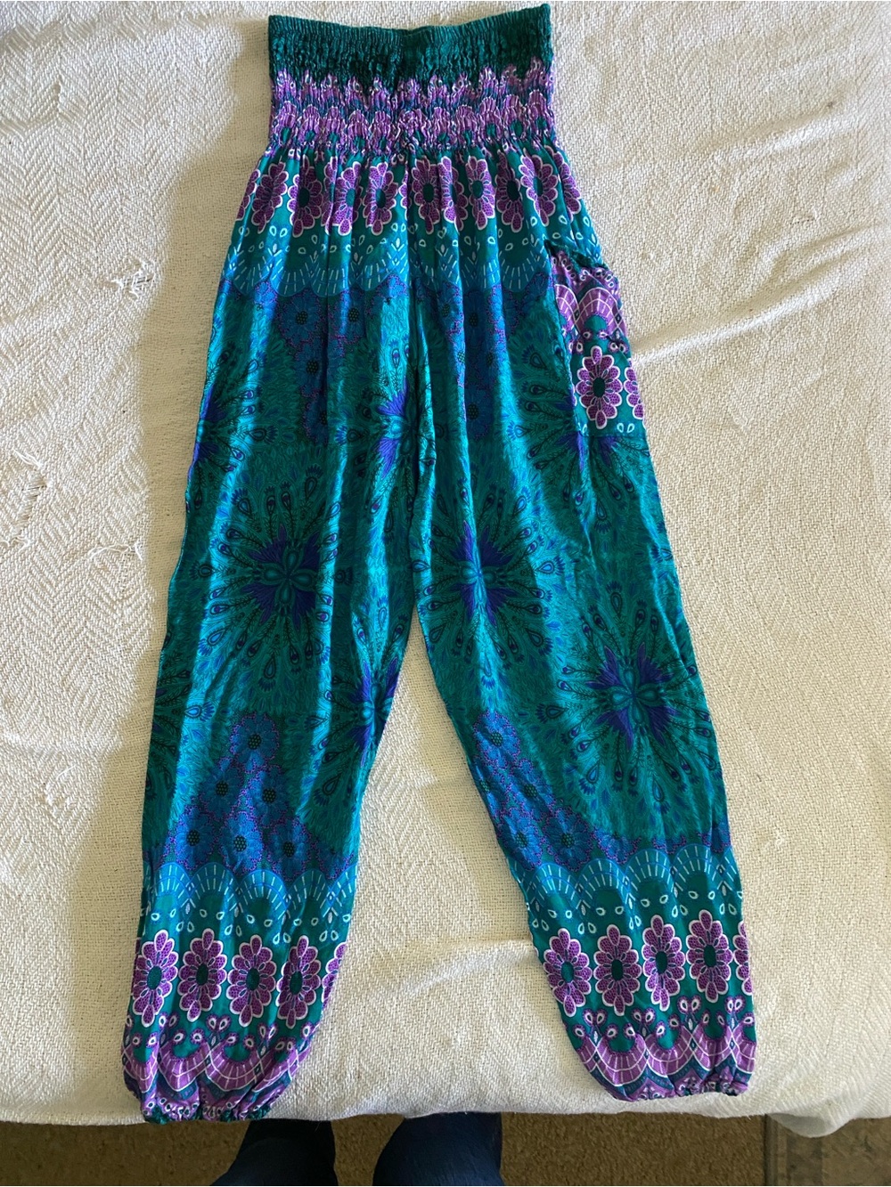 Bohemian comfy Wide Leg Smocked Waist Pants - Teal & Purple